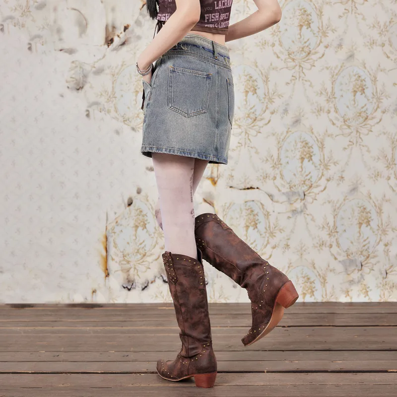 LA CRAWFISH Denim Short Skirts Women's Vintage Denim Blue-5