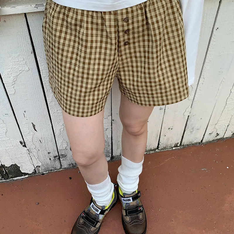 MeiHaoStore Casual Shorts Women's Yellow And Brown Plaid-2