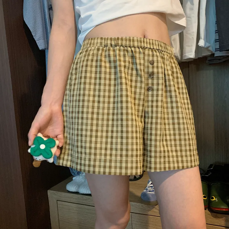 MeiHaoStore Casual Shorts Women's Yellow And Brown Plaid-3