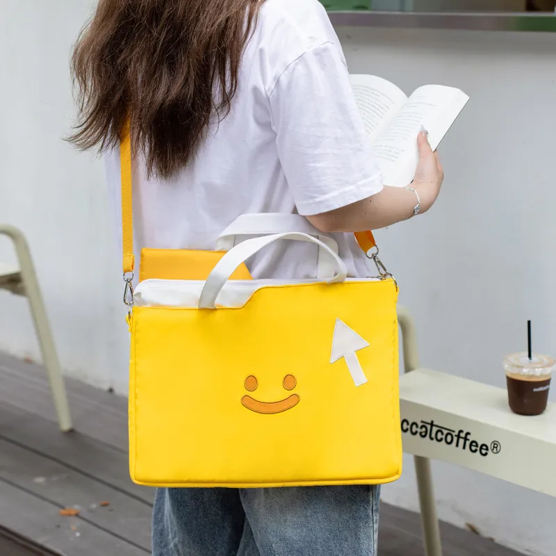 Crooked Melon Production Oxford With PU Leather Crossbody Bag, Shoulder Bag Unisex Yellow White-3
