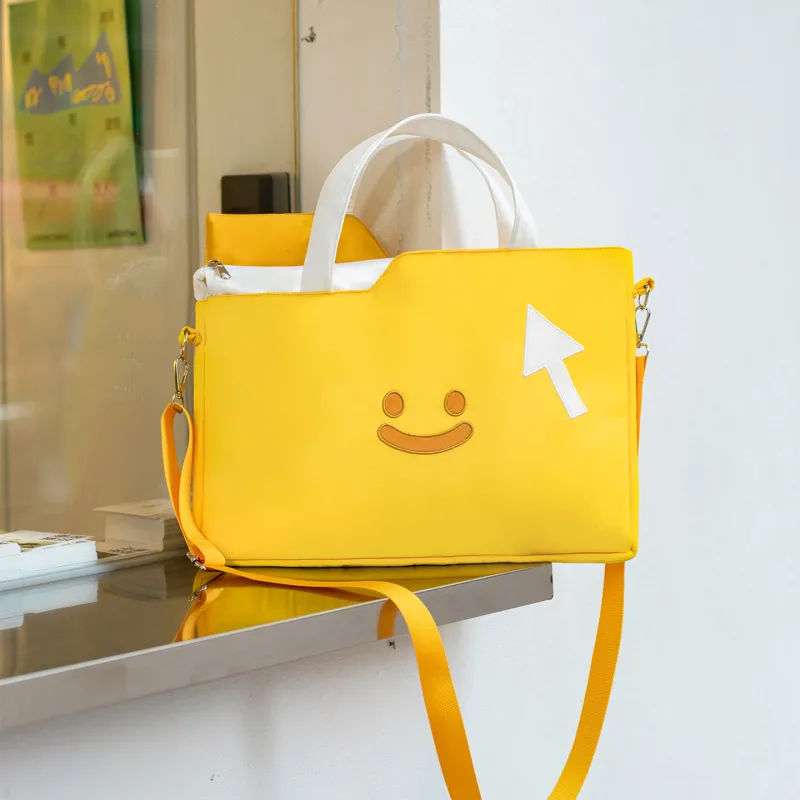 Crooked Melon Production Oxford With PU Leather Crossbody Bag, Shoulder Bag Unisex Yellow White-1