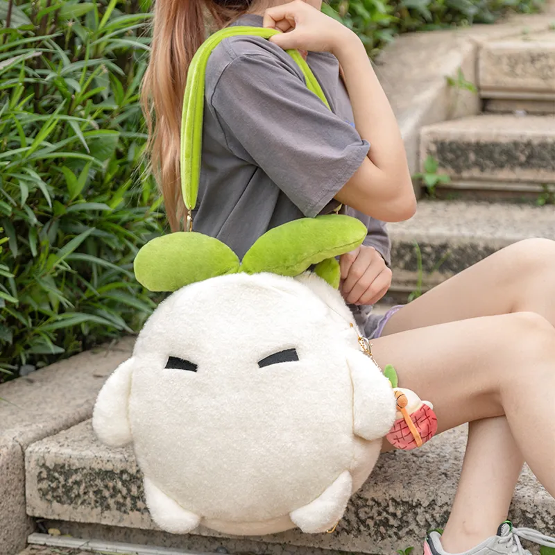 Crooked Melon Production Plush Cute Girlish Doll Backpack, Small Backpack Regular Unisex White/Green-1