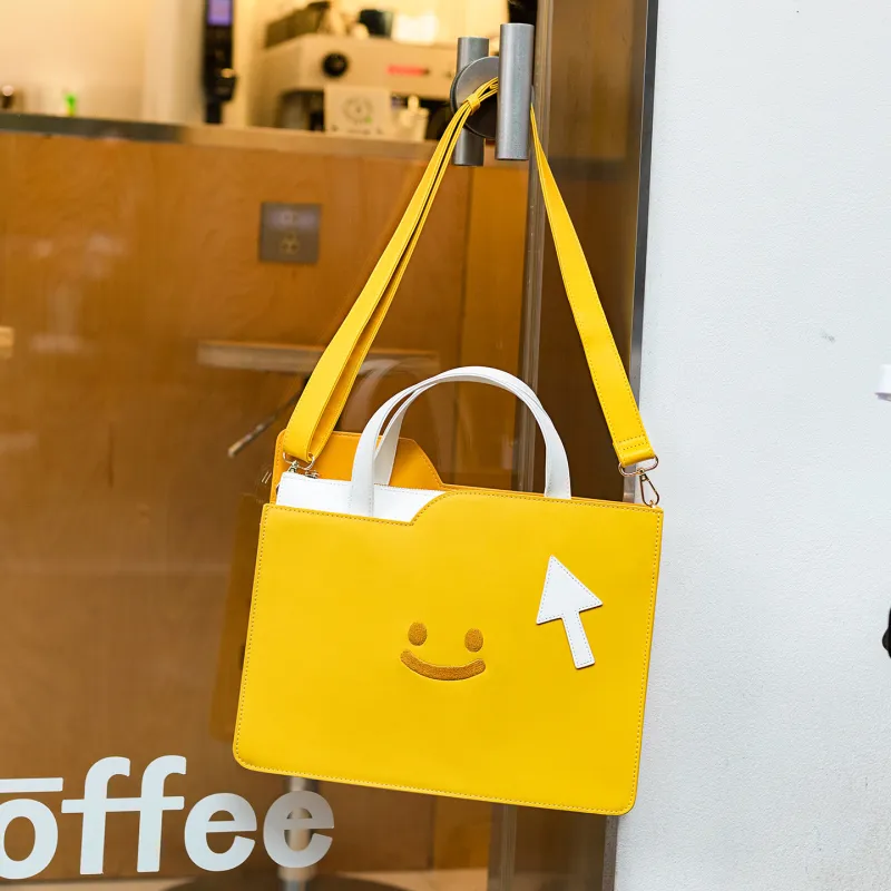 Crooked Melon Production Oxford With PU Leather Crossbody Bag, Shoulder Bag Unisex Yellow White-5