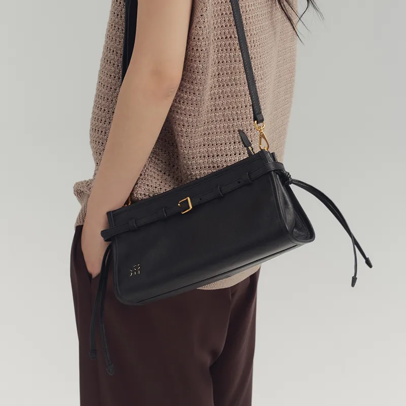 SUPERMERCY Vegetable Tanned Cow Leather Boston Bag Shoulder Bag Crossbody Bag Medium Size Women's Ink Black-2