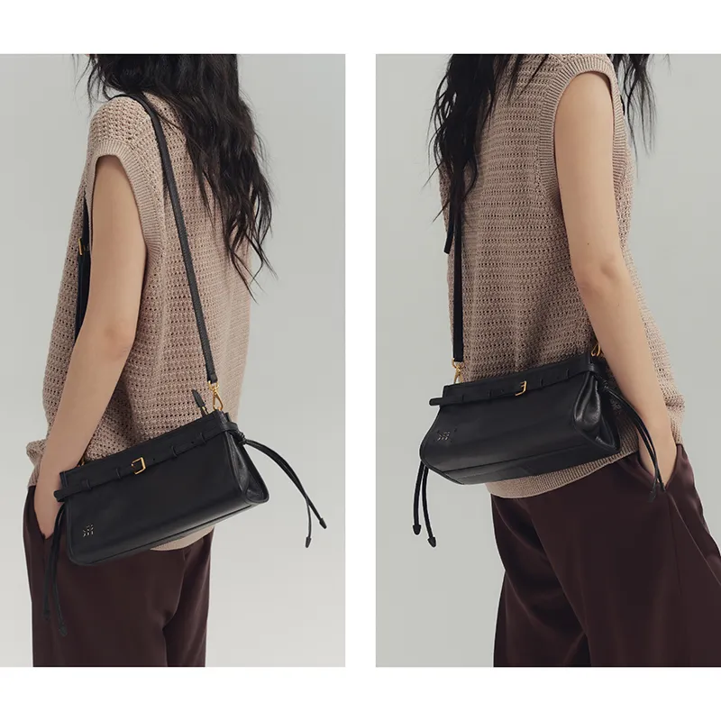 SUPERMERCY Vegetable Tanned Cow Leather Boston Bag Shoulder Bag Crossbody Bag Medium Size Women's Ink Black-3
