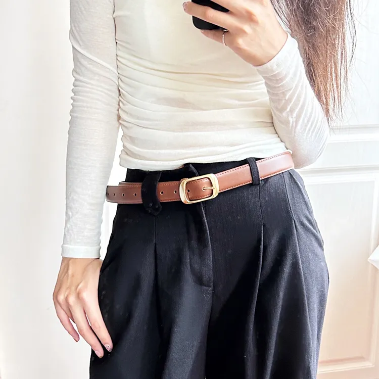 ALIEN BANG Double-Strand Pin Buckle Chanel-Inspired Preppy Style Leather Belts Women's Width 2.8cm-9