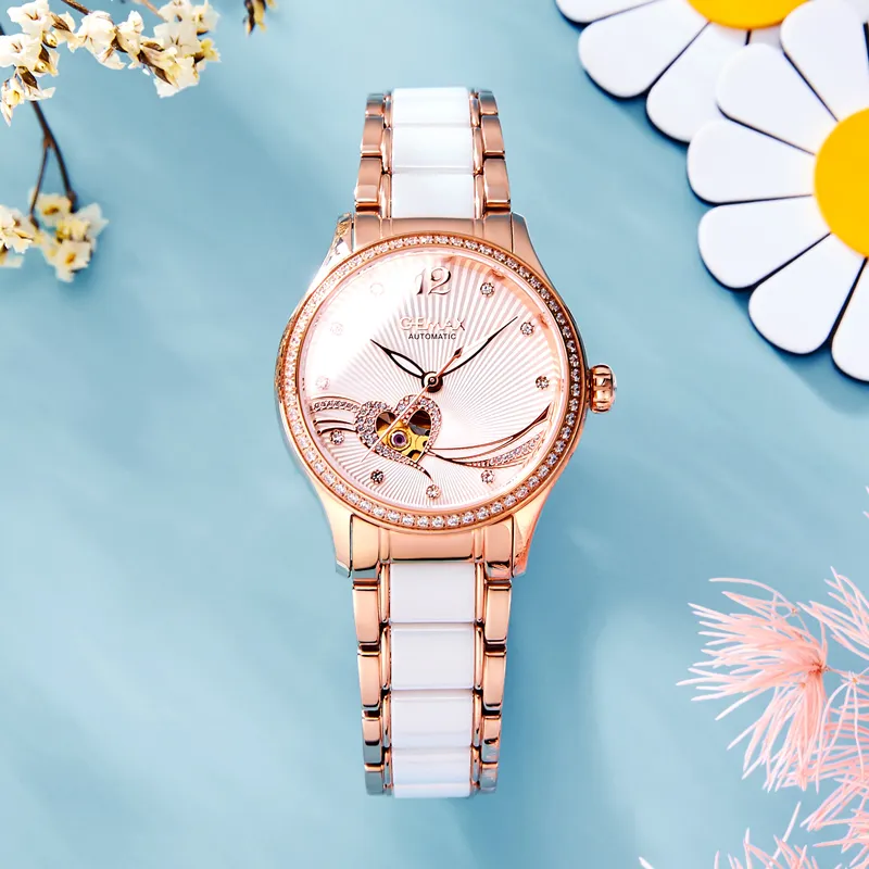 GEMAX Wrist Watch Mechanical Movement Ceramic Strap Watch Women's Watch White Dial-5
