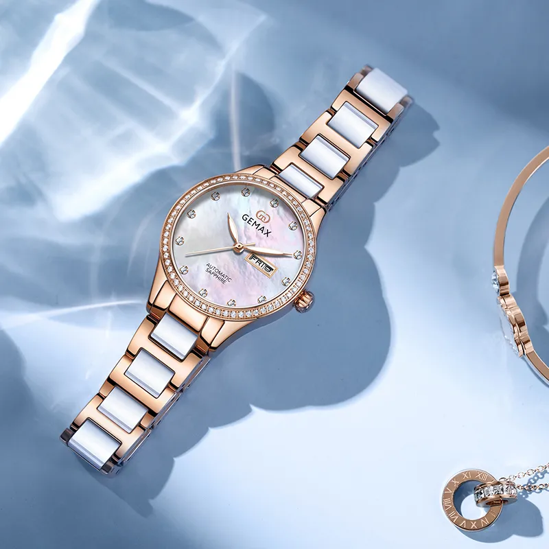 GEMAX Wrist Watch Automatic Mechanical Movement Ceramic Strap Watch Women's Watch Mother of Pearl Color Watch Dial-5
