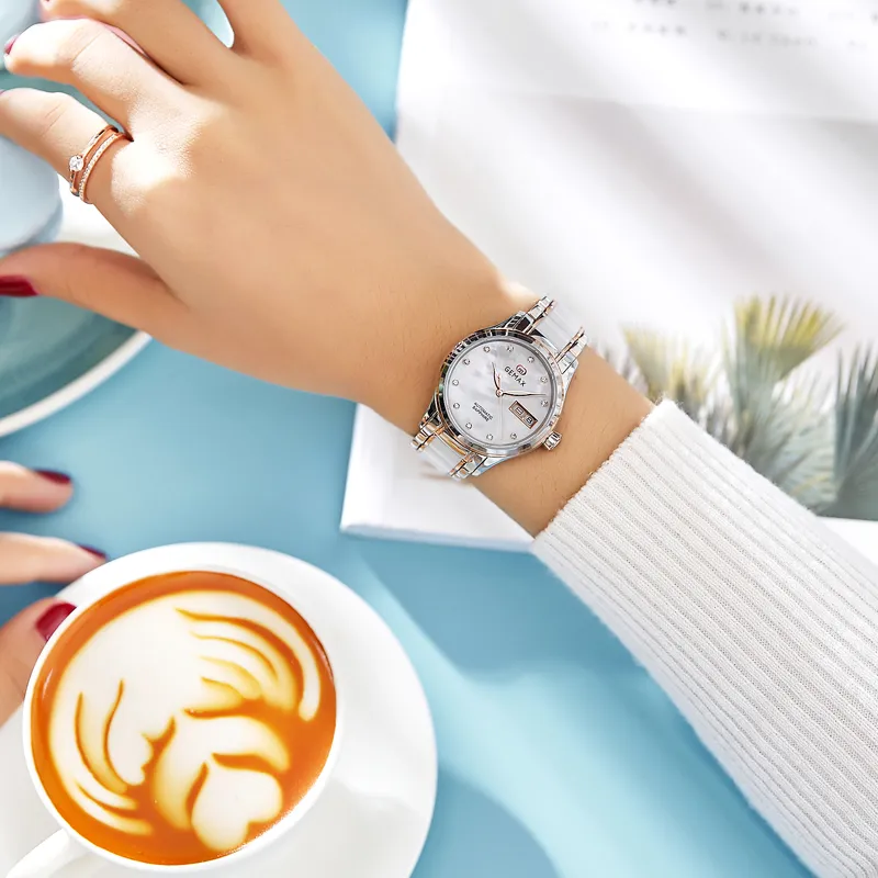 GEMAX Wrist Watch Automatic Mechanical Movement Ceramic Strap Watch Women's Watch Mother of Pearl Color Watch Dial-8