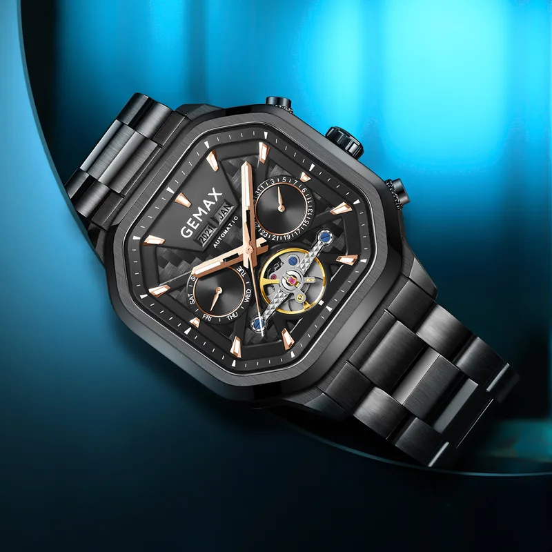 GEMAX Wrist Watch Automatic Mechanical Movement Stainless Steel Watchband Watch Men's Watches Black Dial-2