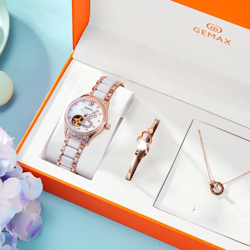 GEMAX Wrist Watch Automatic Mechanical Movement Ceramic Strap Watch Women's Watch Pink Watch Dial-9