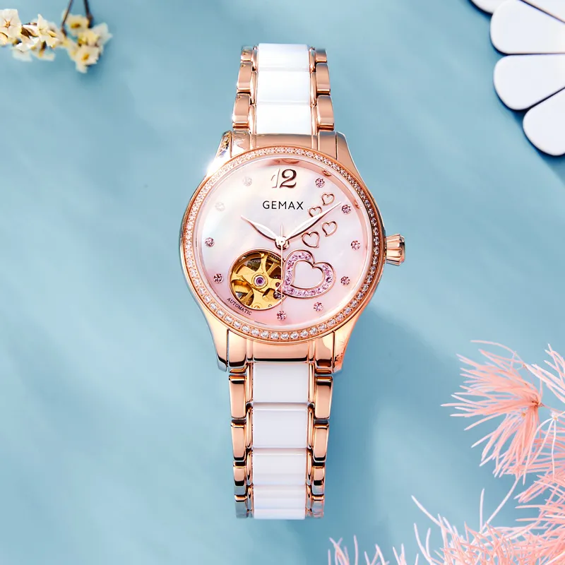 GEMAX Wrist Watch Automatic Mechanical Movement Ceramic Strap Watch Women's Watch Pink Watch Dial-4