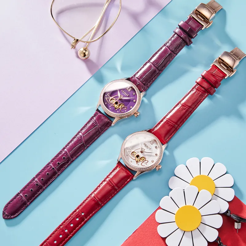 GEMAX Wrist Watch Automatic Mechanical Movement Genuine Leather Strap Watch Women's Watch White Dial-4