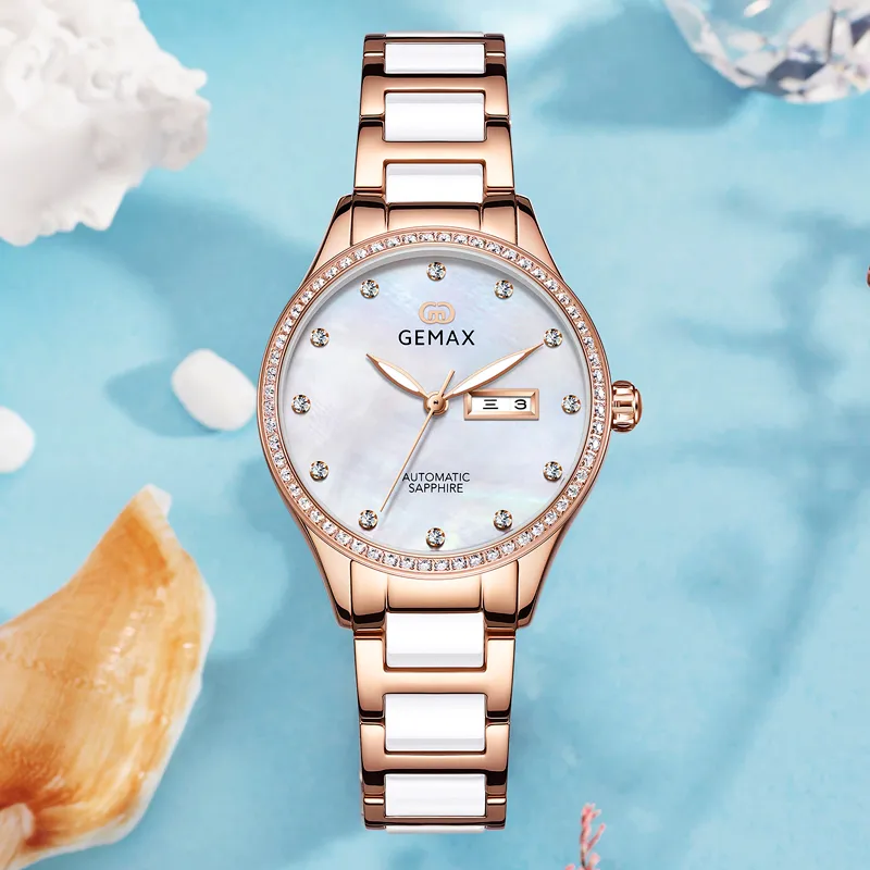 GEMAX Wrist Watch Automatic Mechanical Movement Ceramic Strap Watch Women's Watch Mother of Pearl Color Watch Dial-2