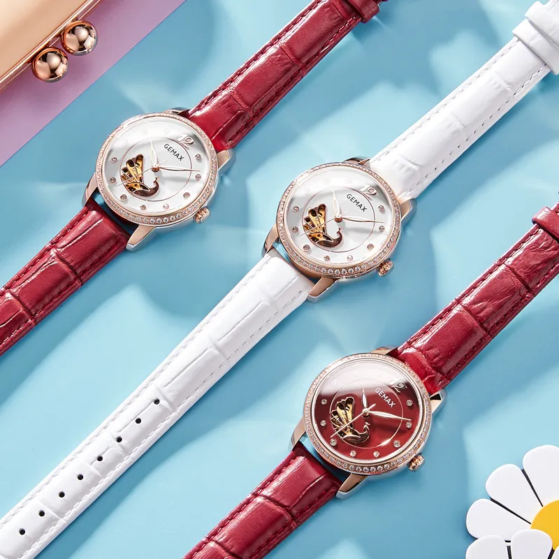 GEMAX Wrist Watch Automatic Mechanical Movement Cow Leather Strap Watch Women's Watch White Dial-11