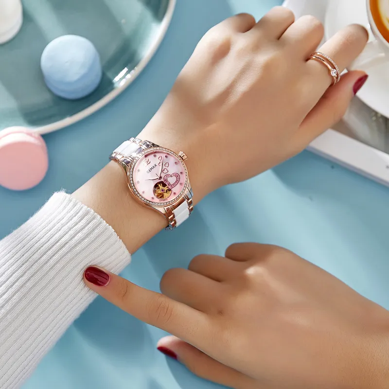 GEMAX Wrist Watch Automatic Mechanical Movement Ceramic Strap Watch Women's Watch Pink Watch Dial-1