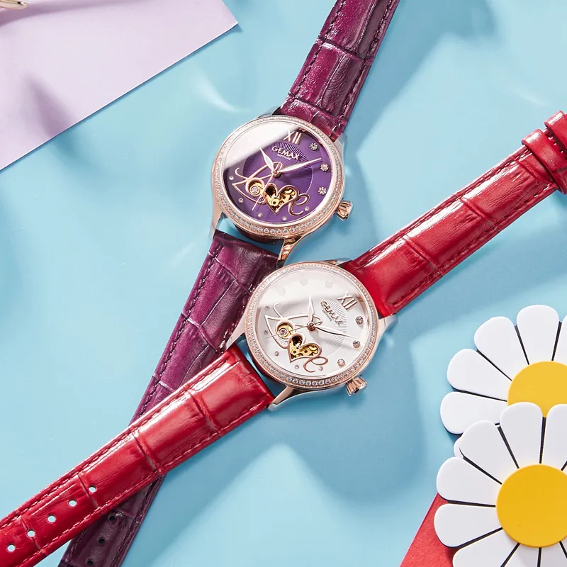 GEMAX Wrist Watch Automatic Mechanical Movement Genuine Leather Strap Watch Women's Watch White Dial-9