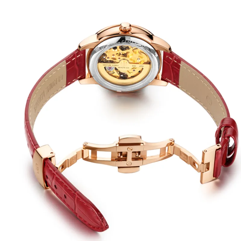 GEMAX Wrist Watch Automatic Mechanical Movement Cow Leather Strap Watch Women's Watch White Dial-3