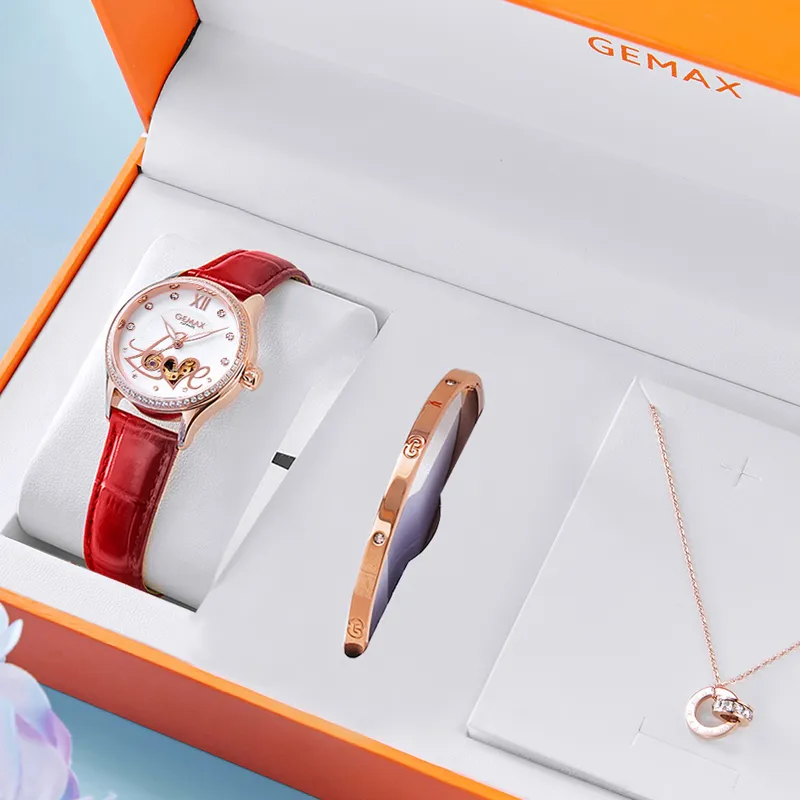 GEMAX Wrist Watch Automatic Mechanical Movement Genuine Leather Strap Watch Women's Watch White Dial-3