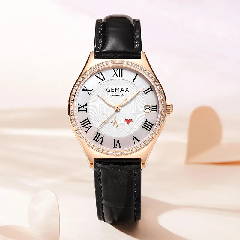 GEMAX Wrist Watch Automatic Mechanical Movement Genuine Leather Strap Watch Women's Watch White Dial-4