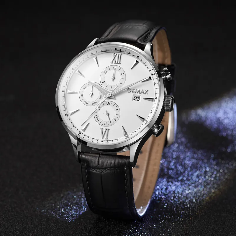 GEMAX Wrist Watch Mechanical Movement Cow Leather Strap Watch Men's Watches Black Dial-6