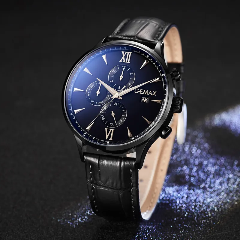 GEMAX Wrist Watch Mechanical Movement Cow Leather Strap Watch Men's Watches Black Dial-1