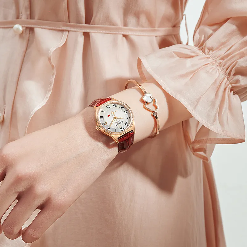 GEMAX Wrist Watch Automatic Mechanical Movement Genuine Leather Strap Watch Women's Watch White Dial-7