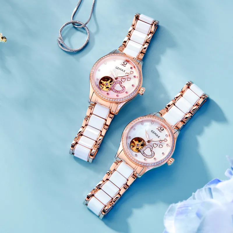 GEMAX Wrist Watch Automatic Mechanical Movement Ceramic Strap Watch Women's Watch Pink Watch Dial-10