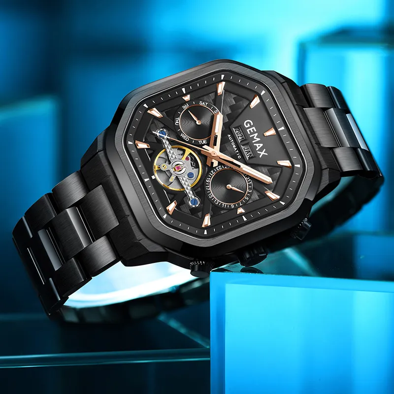 GEMAX Wrist Watch Automatic Mechanical Movement Stainless Steel Watchband Watch Men's Watches Black Dial-5