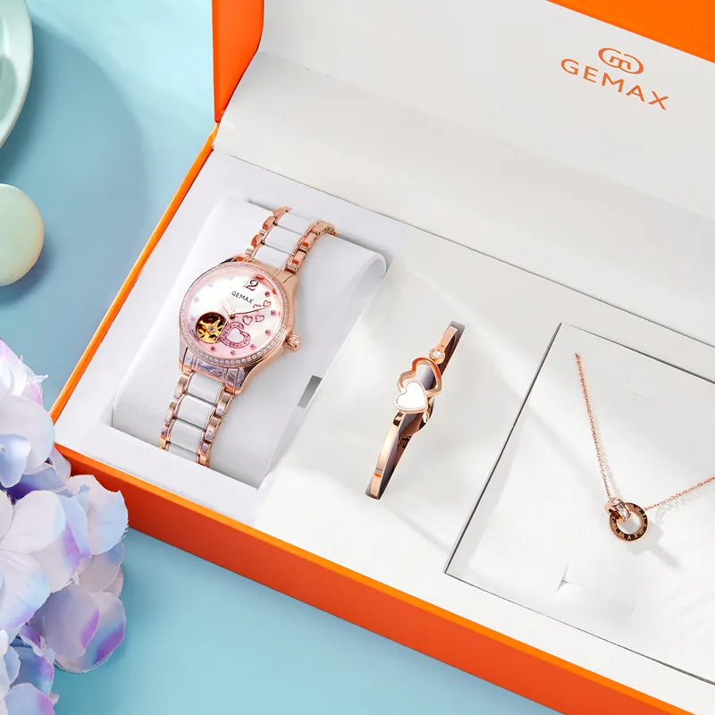 GEMAX Wrist Watch Automatic Mechanical Movement Ceramic Strap Watch Women's Watch Pink Watch Dial-3