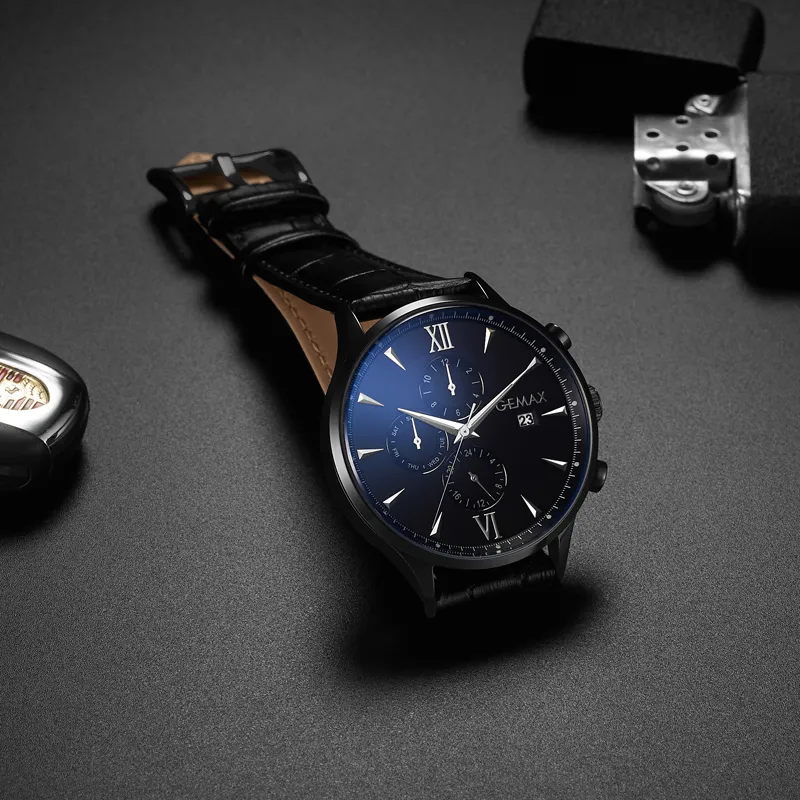 GEMAX Wrist Watch Mechanical Movement Cow Leather Strap Watch Men's Watches Black Dial-3