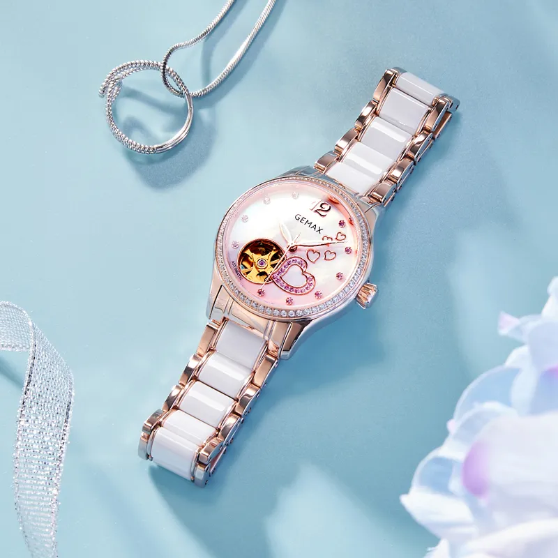 GEMAX Wrist Watch Automatic Mechanical Movement Ceramic Strap Watch Women's Watch Pink Watch Dial-2