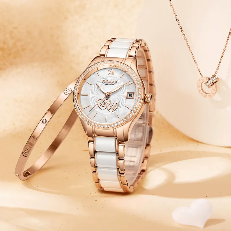GEMAX Wrist Watch Automatic Mechanical Movement Ceramic Strap Watch Women's Watch White Dial-6