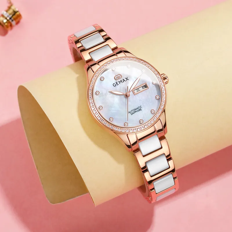 GEMAX Wrist Watch Automatic Mechanical Movement Ceramic Strap Watch Women's Watch Mother of Pearl Color Watch Dial-4