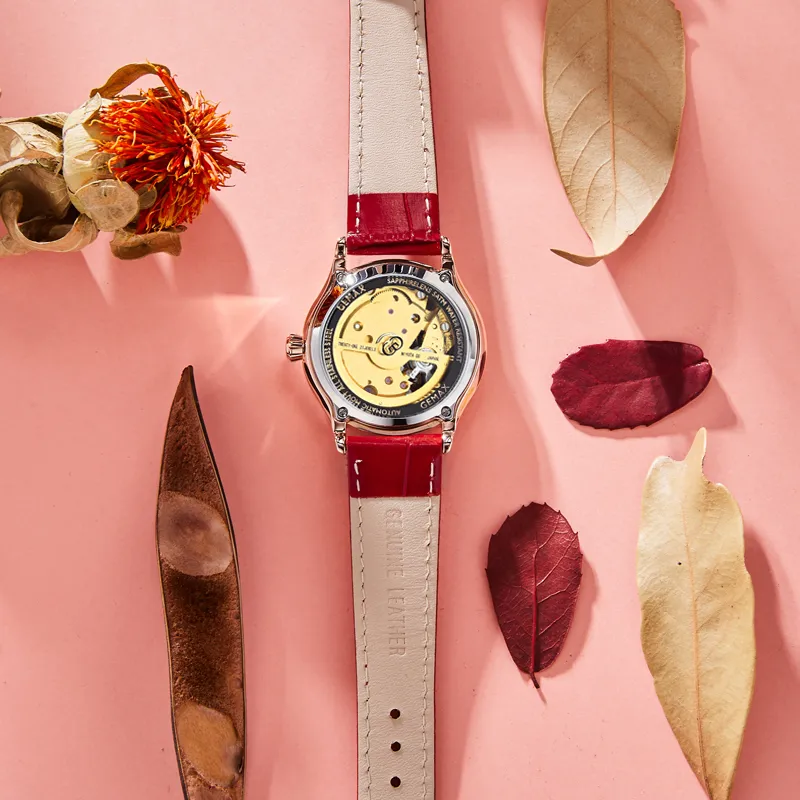 GEMAX Wrist Watch Automatic Mechanical Movement Genuine Leather Strap Watch Women's Watch White Dial-11