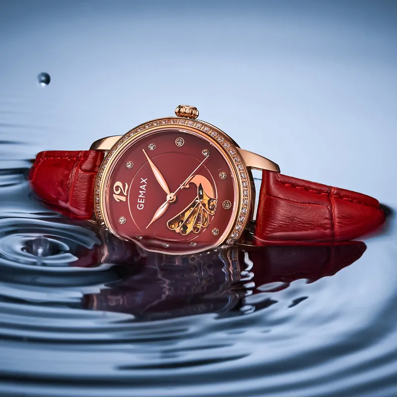GEMAX Wrist Watch Automatic Mechanical Movement Cow Leather Strap Watch Women's Watch White Dial-12