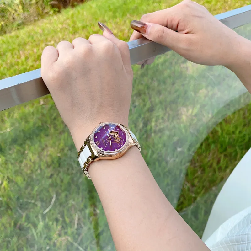 GEMAX Wrist Watch Automatic Mechanical Movement Ceramic Strap Watch Women's Watch White Dial-12