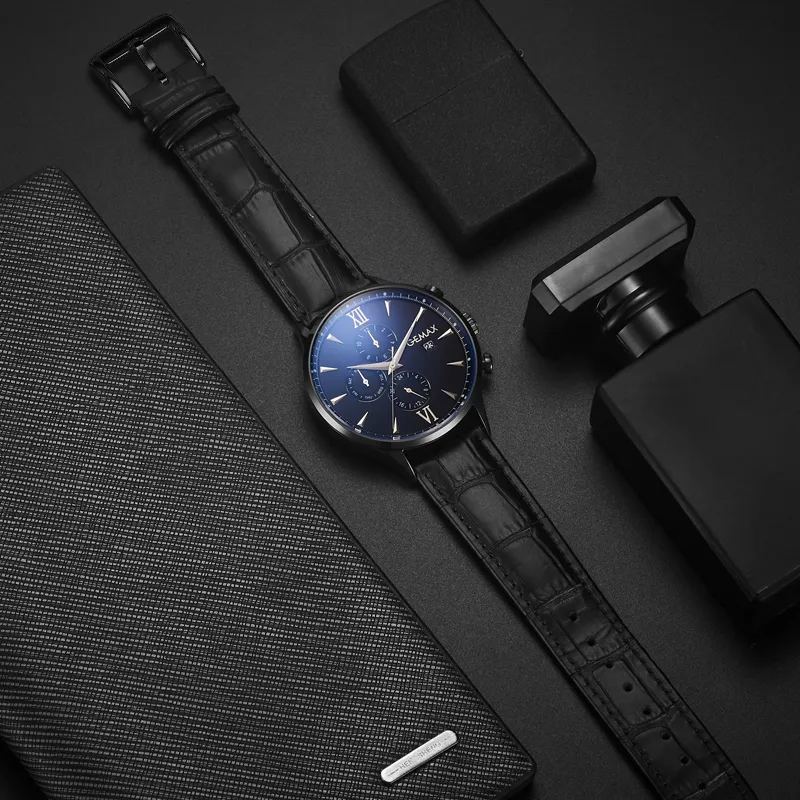 GEMAX Wrist Watch Mechanical Movement Cow Leather Strap Watch Men's Watches Black Dial-2