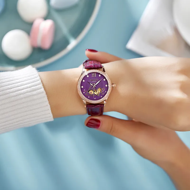 GEMAX Wrist Watch Automatic Mechanical Movement Genuine Leather Strap Watch Women's Watch White Dial-7