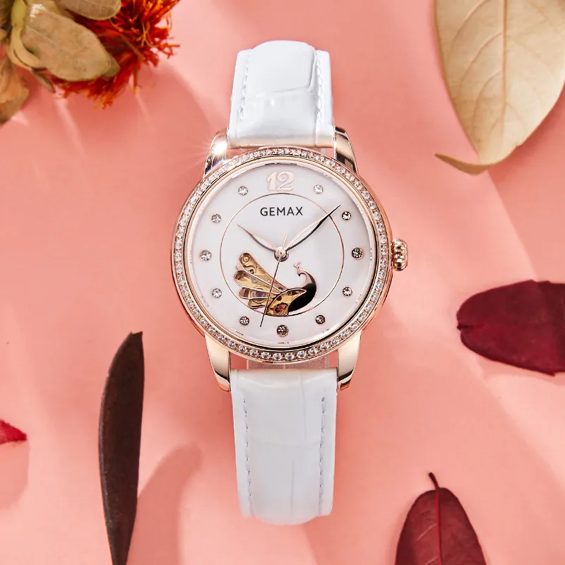 GEMAX Wrist Watch Automatic Mechanical Movement Cow Leather Strap Watch Women's Watch White Dial-6