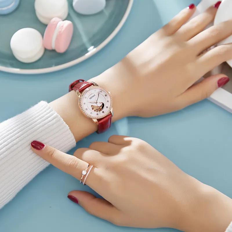 GEMAX Wrist Watch Automatic Mechanical Movement Cow Leather Strap Watch Women's Watch White Dial-1