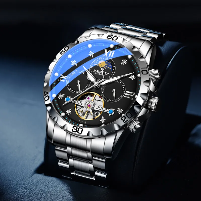 HAEMMER Automatic Mechanical Movement Steel Strap Watch Men's Watches Black Dial-1