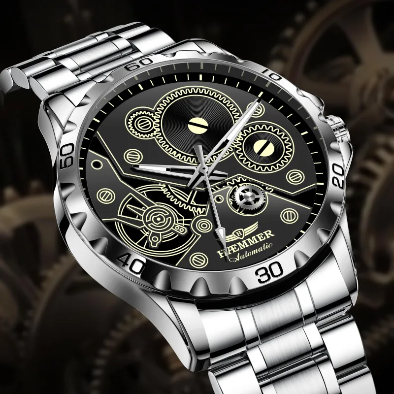 HAEMMER Automatic Mechanical Movement Stainless Steel Watchband Watch Men's Watches Black Dial-16