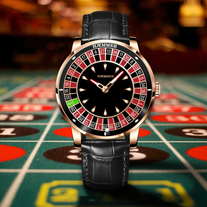 HAEMMER Gambling Disk Collection Automatic Mechanical Movement Genuine Leather Strap Watch Men's Watches Black Dial-5