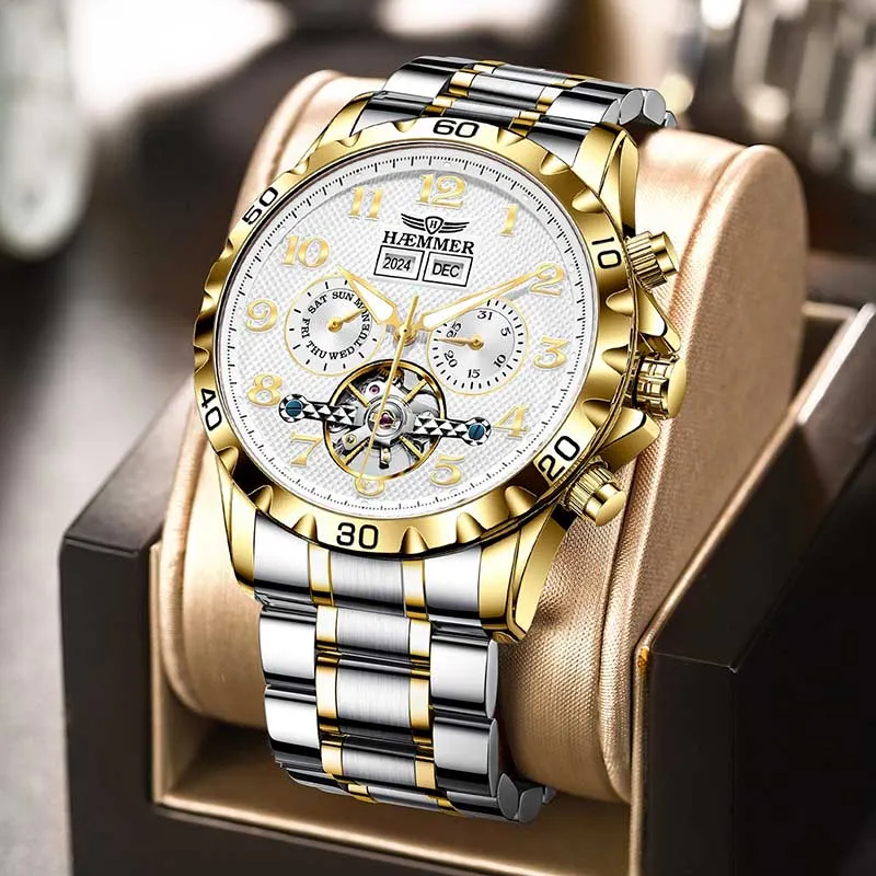 HAEMMER Automatic Mechanical Movement Stainless Steel Watchband Men's Watches Black Dial-11