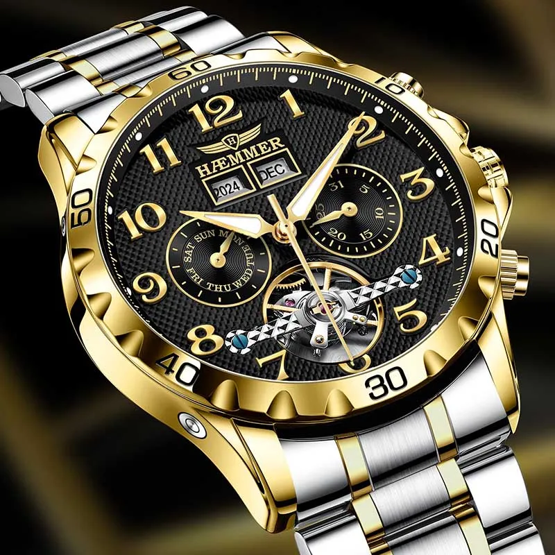 HAEMMER Automatic Mechanical Movement Stainless Steel Watchband Men's Watches Black Dial-2