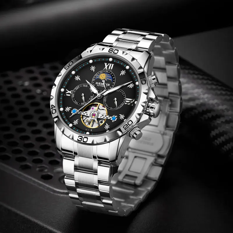 HAEMMER Automatic Mechanical Movement Steel Strap Watch Men's Watches Black Dial-3