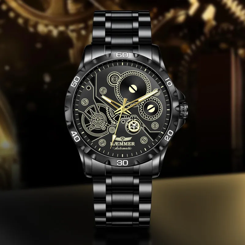 HAEMMER Automatic Mechanical Movement Stainless Steel Watchband Watch Men's Watches Black Dial-5