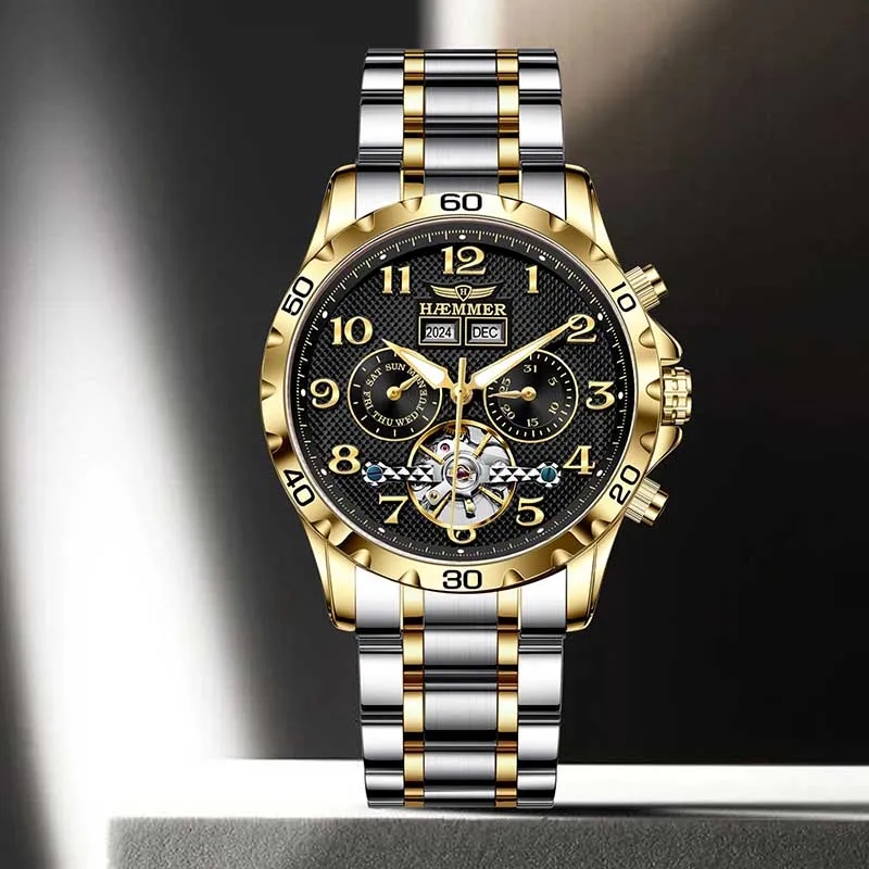 HAEMMER Automatic Mechanical Movement Stainless Steel Watchband Men's Watches Black Dial-1