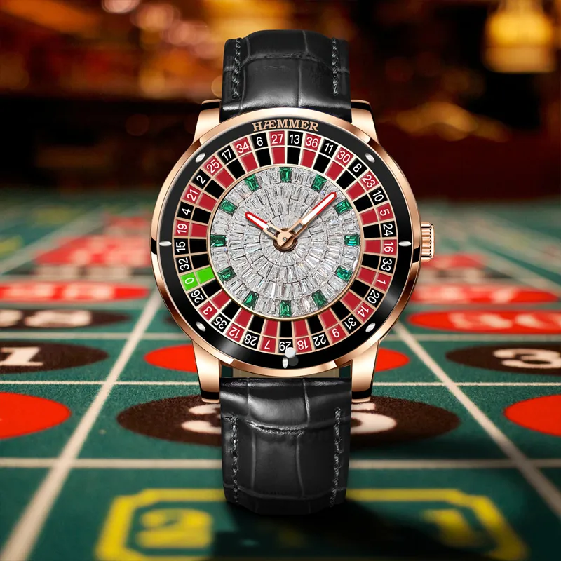 HAEMMER Gambling Disk Collection Automatic Mechanical Movement Genuine Leather Strap Watch Men's Watches Black Dial-9